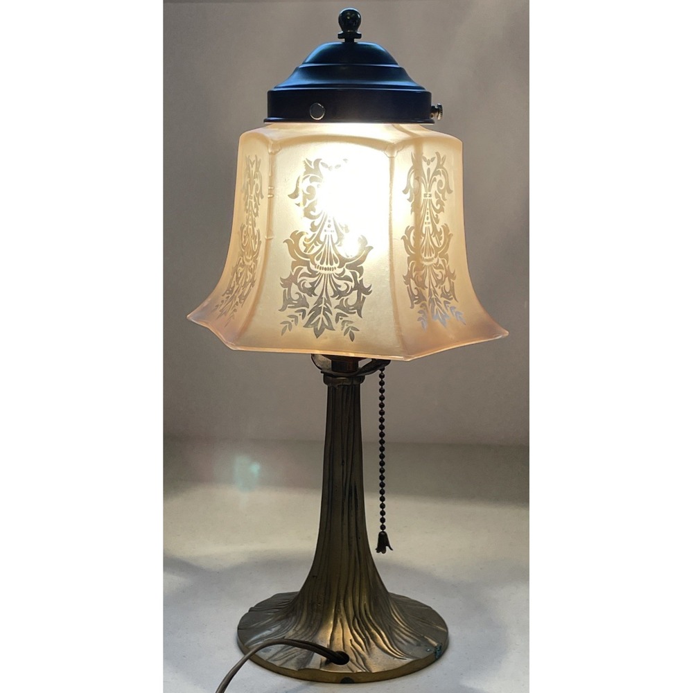 Vintage Art Nouveau Brass Table Lamp Etched Glass Shade Tiffany Style Tree Base - Picture 7 of 16